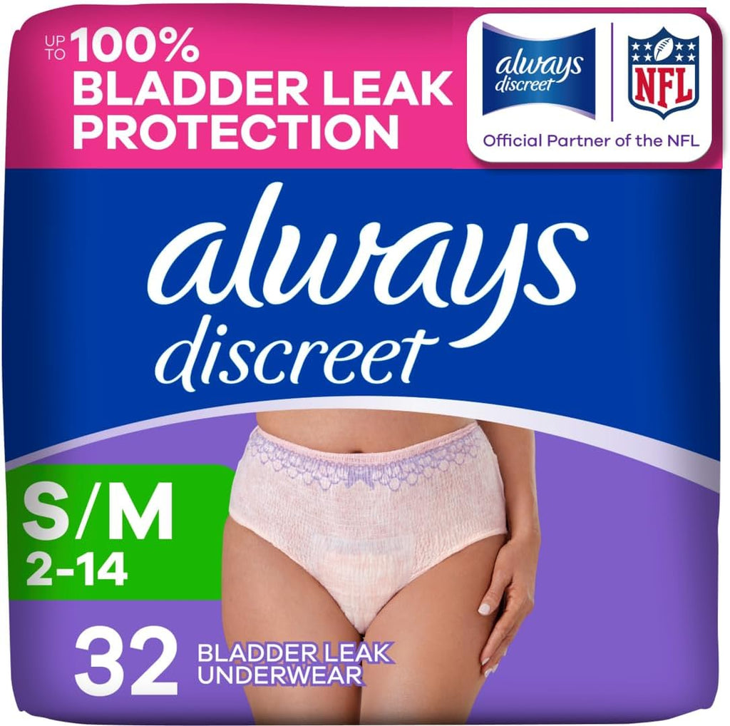 Pañales Always Discreet para adultos, ropa interior para incontinencia, artículos esenciales para el posparto, bragas desechables, máxima absorción, protección contra fugas de orina, talla pequeña/mediana, paquete de 32 unidades.