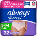 Pañales Always Discreet para adultos, ropa interior para incontinencia, artículos esenciales para el posparto, bragas desechables, máxima absorción, protección contra fugas de orina, talla pequeña/mediana, paquete de 32 unidades.