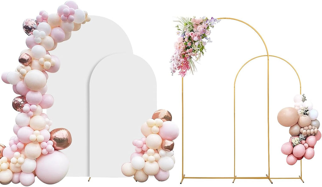 Juego de 2 soportes para arcos de fondo SuuWoee con cubierta (2,2 m + 1,8 m) Soporte de metal dorado para arcos de boda y globos con cubierta para decoración de fiestas de cumpleaños, baby showers y ceremonias de graduación.