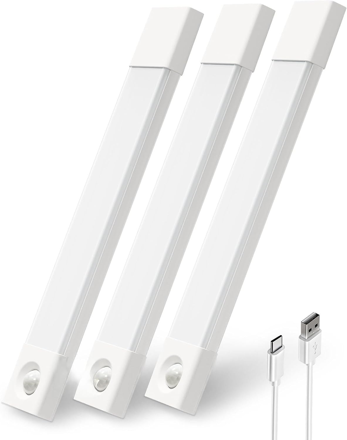 Iluminación bajo armarios EZVALO, luces inalámbricas para armarios, 50 LED recargables con sensor de movimiento, regulables, 3 temperaturas de color, 11,8 pulgadas, ideales para encimeras de cocina, despensa, dormitorio y armario (paquete de 3).