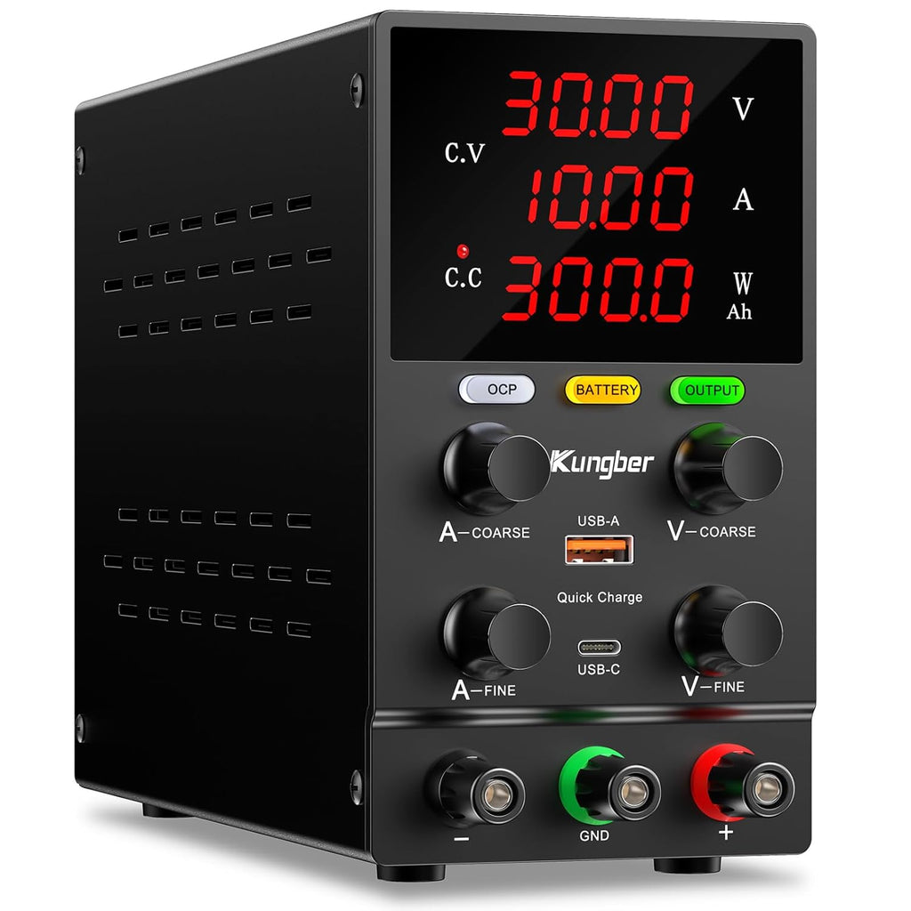 Fuente de Poder DC Variable 30V 10A | Ajustable Regulada de Banco | Modo de Carga Inteligente | Interfaz USB 18W | Perilla Encoder de Precisión | Negro