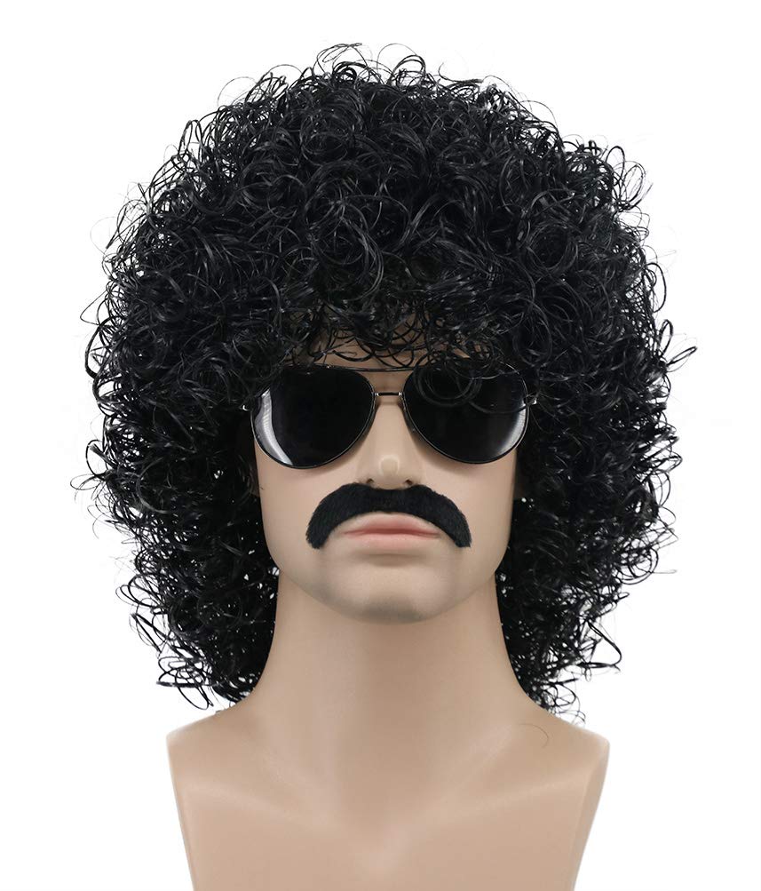 Peluca corta rizada negra con bigote y barba estilo afro para hombre de Karlery, estilo rockero californiano, discoteca, Halloween, cosplay, anime, fiesta (negra)