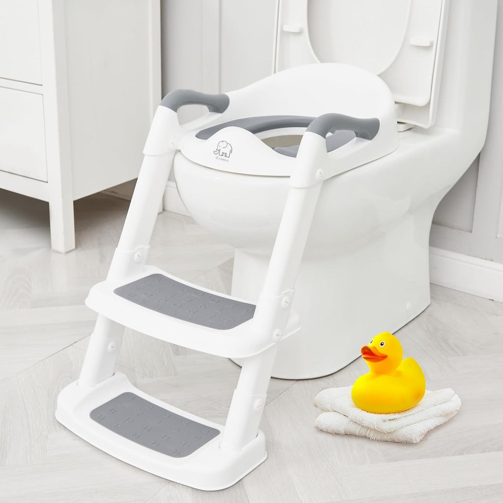 USADO-Asiento de entrenamiento para ir al baño Forbena con escalera tipo taburete, asiento de entrenamiento para niños pequeños (niños y niñas), asiento de entrenamiento para ir al baño plegable y antideslizante con cojín suave y asas cómodas.