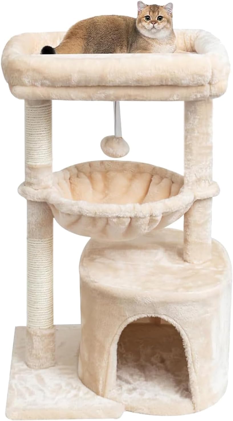 SYANDLVY Arbol Pequeno para Gato de Interior | Torre para Gatitos con Poste Rascador y Cuna | Diseno Moderno de Actividad (Beige)