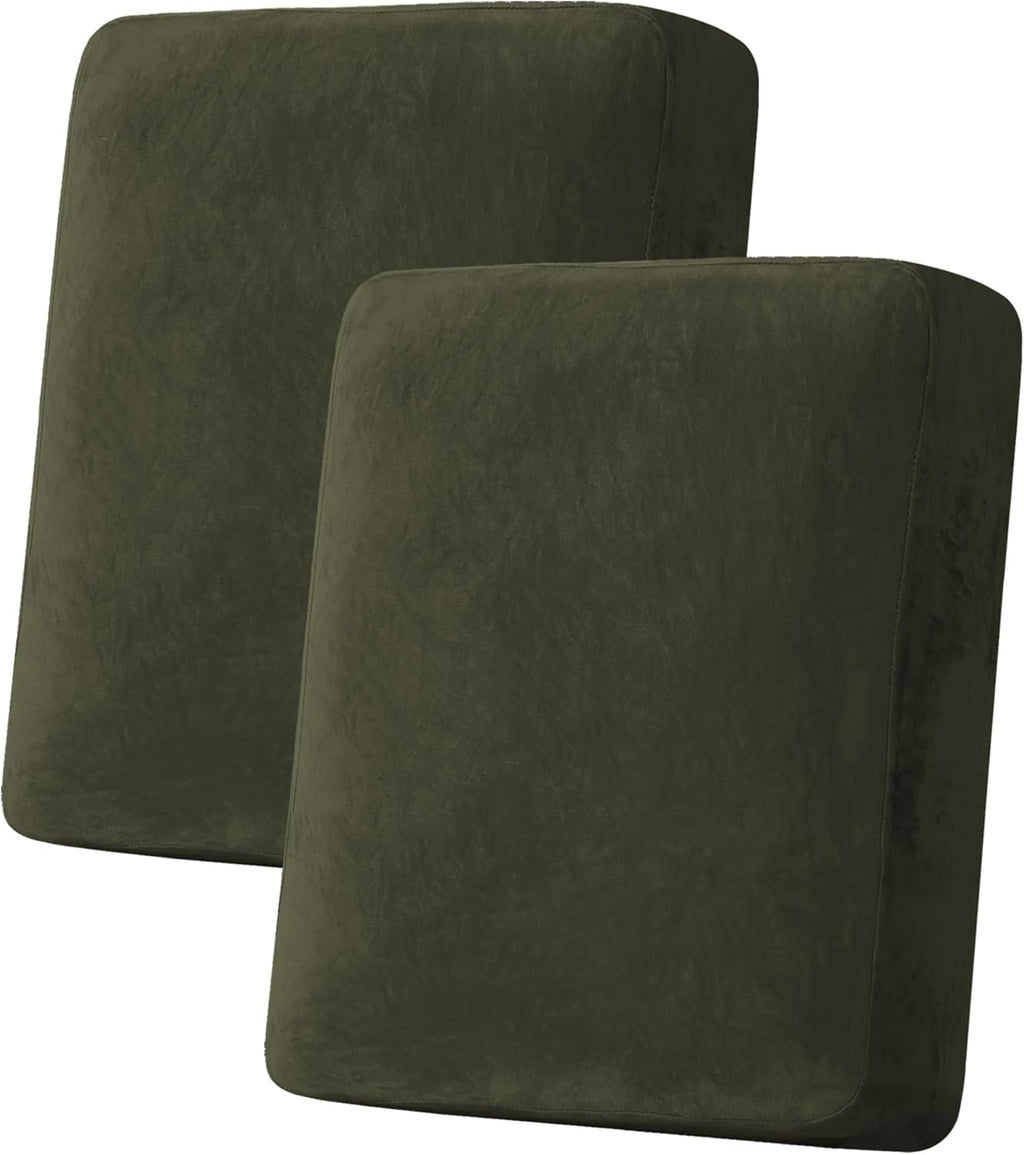 H.VERSAILTEX Velvet Stretch Couch Cushion Cover Plush Cushion Slipcover for Chair Loveseat Sofa Cushion Furniture Protector Seat Cushion Sofa Cover (2 Piece Medium Sofa Cushion Covers, Olive)