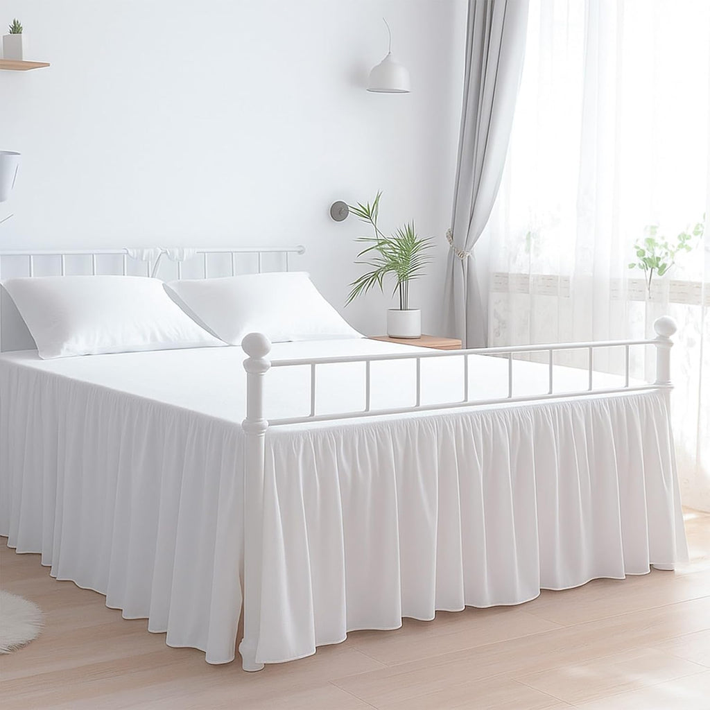Falda de Cama Microfibra Premium Blanca – Volantes Completos, Caída 61 cm, Esquinas Divididas, Antiarrugas, Colchón 137x190 cm