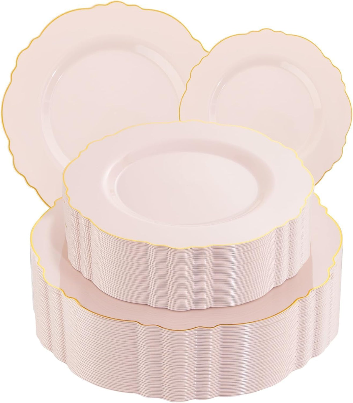 WDF Set 100 Platos Desechables Rosa y Dorado | Diseño Barroco | 50 Platos 26 cm + 50 Platos Ensalada 19 cm | Bodas Baby Shower Cumpleaños | 1 Set