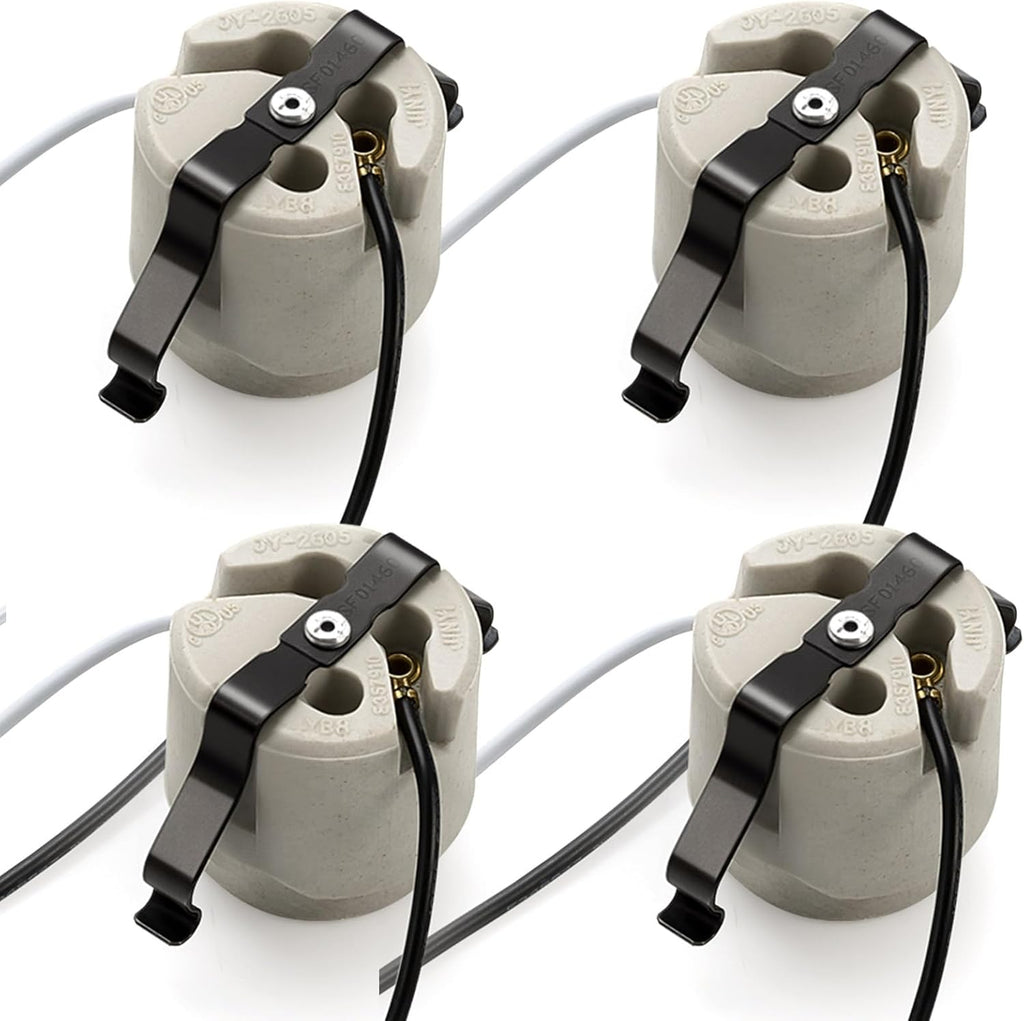Tellegloww Paquete de 4 portalámparas de porcelana con clip en U, base mediana E26, portalámparas cerámico sin llave con doble cable negro y blanco de 15 cm, 660 W 600 V para iluminación de luminarias