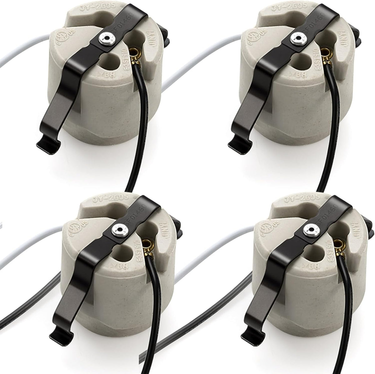 Tellegloww Paquete de 4 portalámparas de porcelana con clip en U, base mediana E26, portalámparas cerámico sin llave con doble cable negro y blanco de 15 cm, 660 W 600 V para iluminación de luminarias