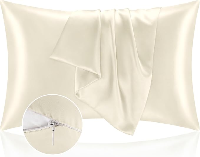 Juego de 2 fundas de almohada de satén con cremallera, color beige, tamaño King, súper suaves y refrescantes, similares a las fundas de almohada de seda, regalo para mujeres y hombres