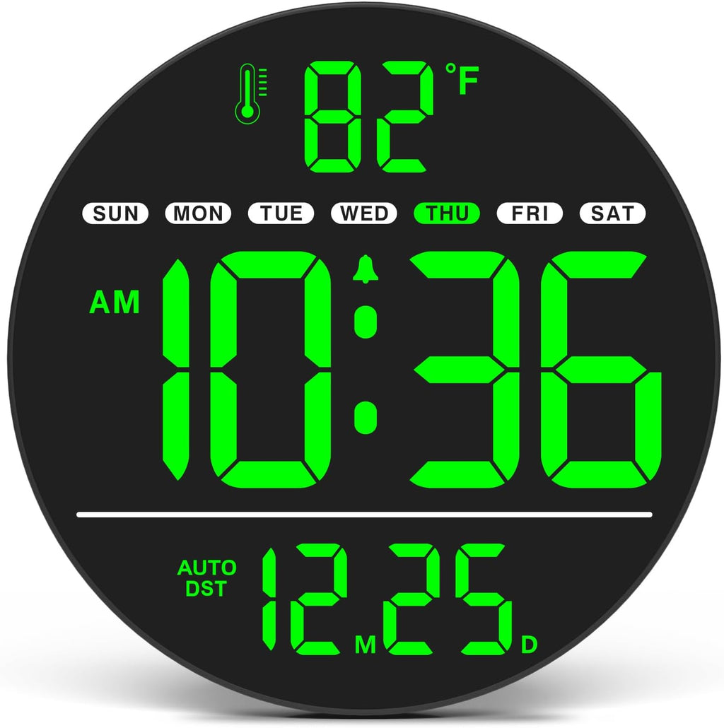 Reloj de pared digital grande WallarGe con pantalla LED, reloj de pared eléctrico con temperatura, horario de verano automático, fecha y día, 5 niveles de brillo para la decoración de la oficina, dormitorio, sala de estar y aula.