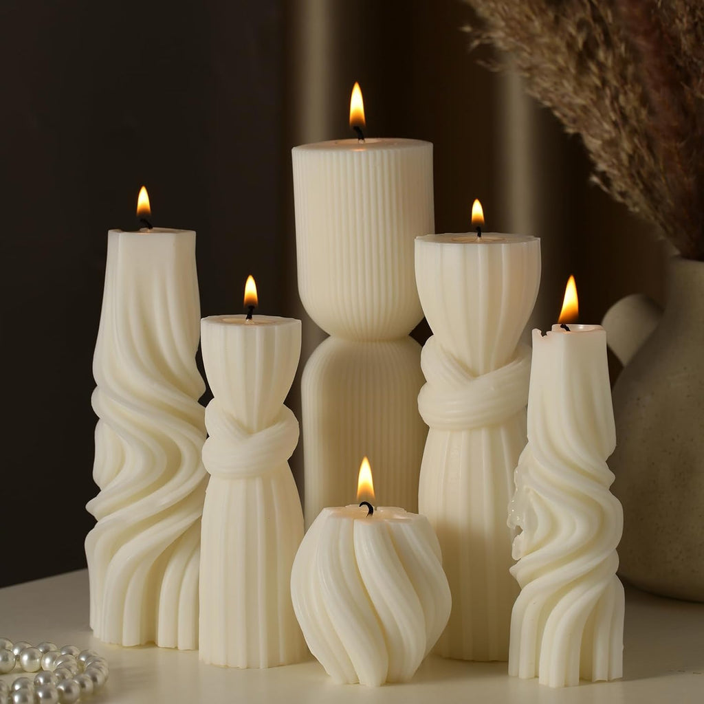 Threlaco Set de 6 Velas Pilar Decorativas Estriadas | Cera de Soya Aromáticas Estética Moderna | Blanco 6-17.5 cm