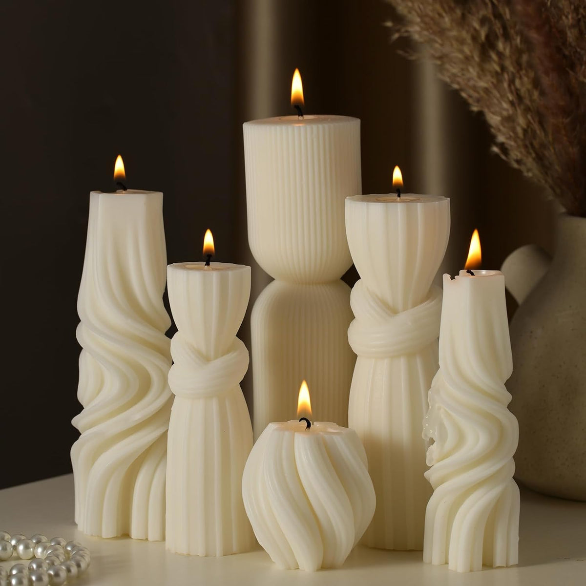 Threlaco Set de 6 Velas Pilar Decorativas Estriadas | Cera de Soya Aromáticas Estética Moderna | Blanco 6-17.5 cm