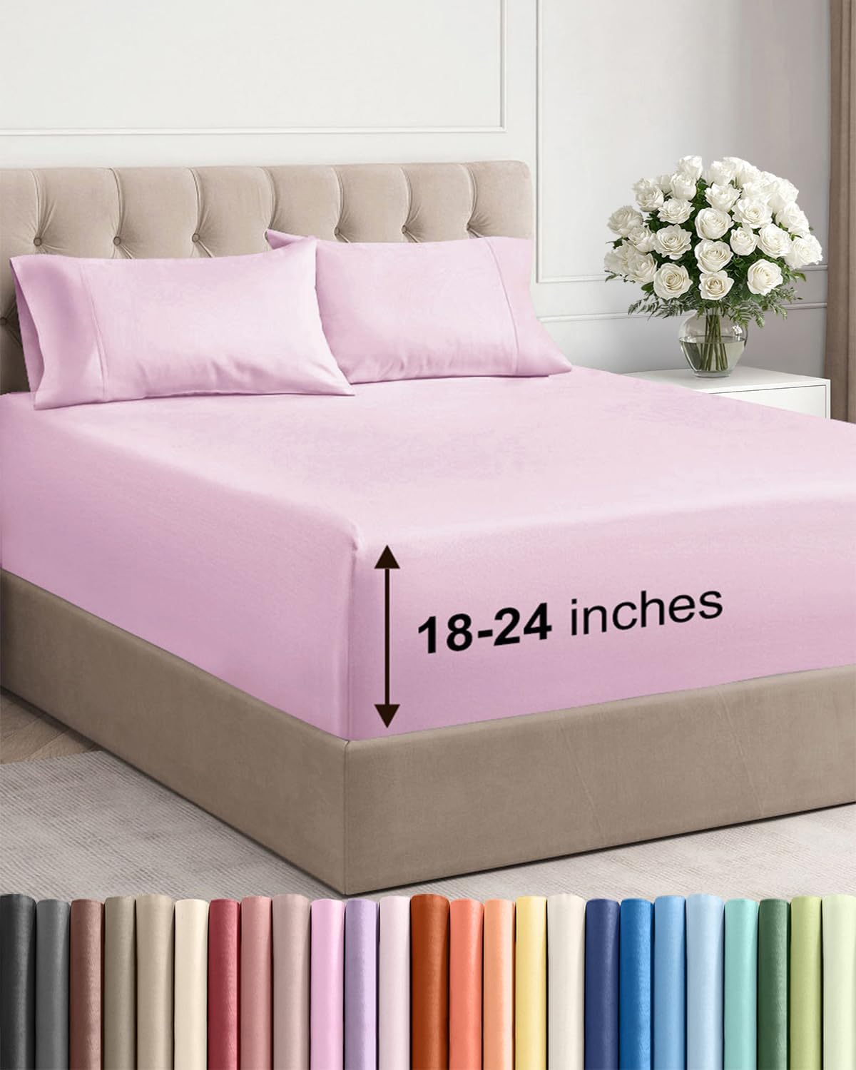 Juego de sábanas Queen extra profundas - 4 piezas de sábanas transpirables y frescas - Se adaptan fácilmente a colchones de 45 a 60 cm - Ultra suaves, no se arrugan ni se decoloran gracias a sus bolsillos extra profundos - Ropa de cama de lujo de hotel