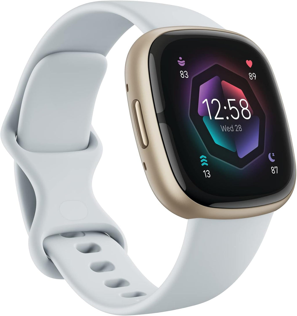 Reloj inteligente Fitbit Sense 2 Advanced para la salud y el fitness con herramientas para el estrés y el sueño - Incluye 3 meses de suscripción a Google Health Premium - Aplicación de ECG, SpO2 - Azul niebla/Oro pálido