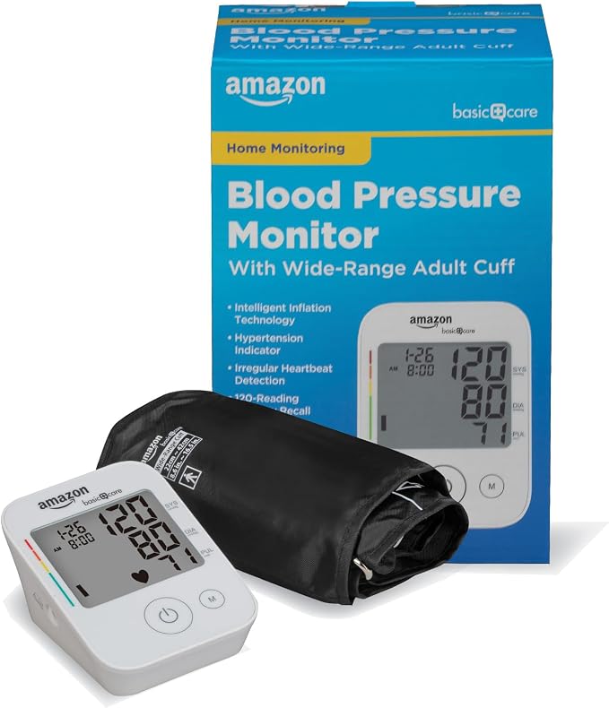 Amazon Basic Care Monitor de presión arterial, brazo de amplio rango, tecnología de inflación inteligente, monitoreo del hogar, indicador de hipertensión