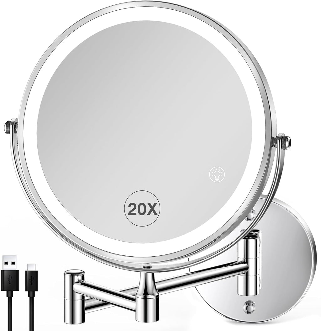 Espejo de maquillaje iluminado de pared 20X/1X con luz, espejo de baño con aumento de 8.5'', recargable de doble cara, 3 luces de color, regulable al tacto, brazo extendido, rotación de 360°, espejos de aumento iluminados. 