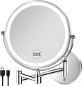 Espejo de maquillaje iluminado de pared 20X/1X con luz, espejo de baño con aumento de 8.5'', recargable de doble cara, 3 luces de color, regulable al tacto, brazo extendido, rotación de 360°, espejos de aumento iluminados. 