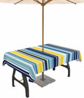 Mantel Rectangular Impermeable para Exterior 52x70" con Hueco para Sombrilla – Rayas Azul, Amarillo y Turquesa