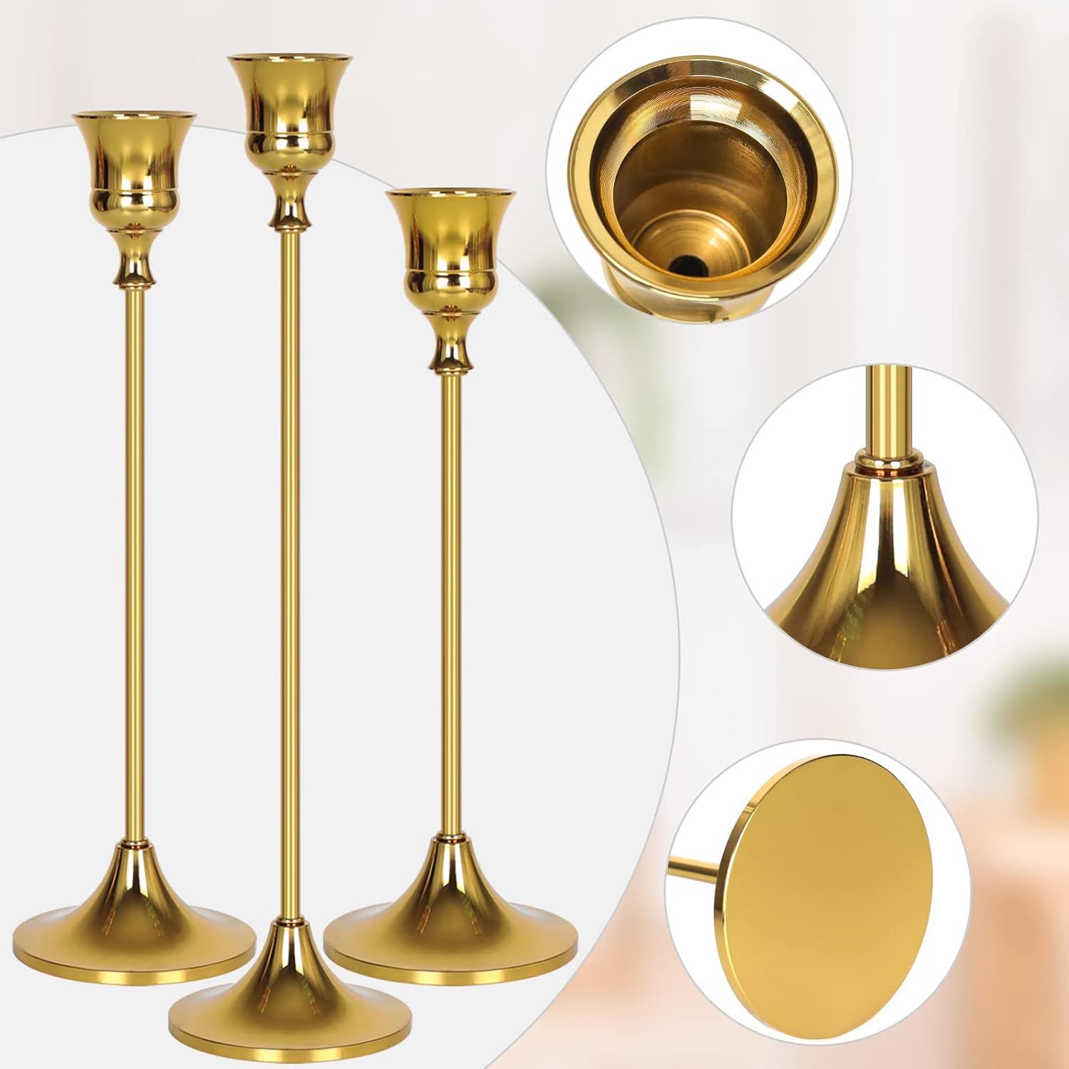 Candelabros dorados – Portavelas cónicos vintage con velas de metal para recepción, decoración de cena, ceremonia de boda, fiesta de decoración del hogar