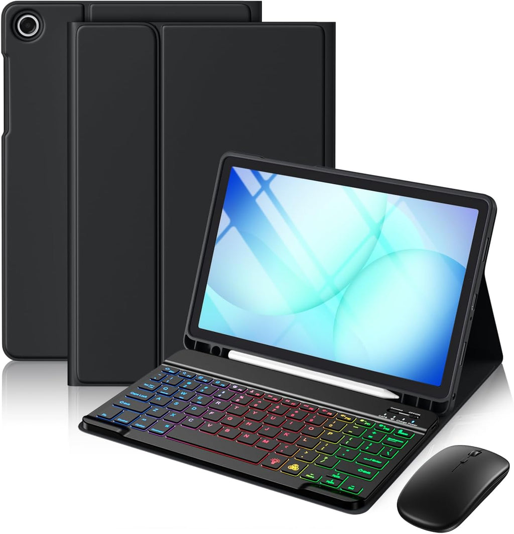 Funda Harvopu para Galaxy Tab A11 Plus/A9 Plus de 11" con teclado, ratón inalámbrico, teclado retroiluminado desmontable, cubierta resistente a las manchas con soporte para lápiz para tablet Galaxy A11+/A9+ 5G de 11 pulgadas, color negro.