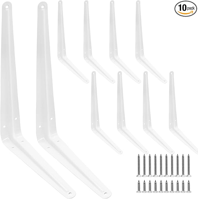 Uenhoy Paquete de 10 soportes de estante blancos de 12 pulgadas, soportes flotantes de metal resistentes en L para estantes, soportes de esquina angulares de montaje en pared (12 x 10 pulgadas)