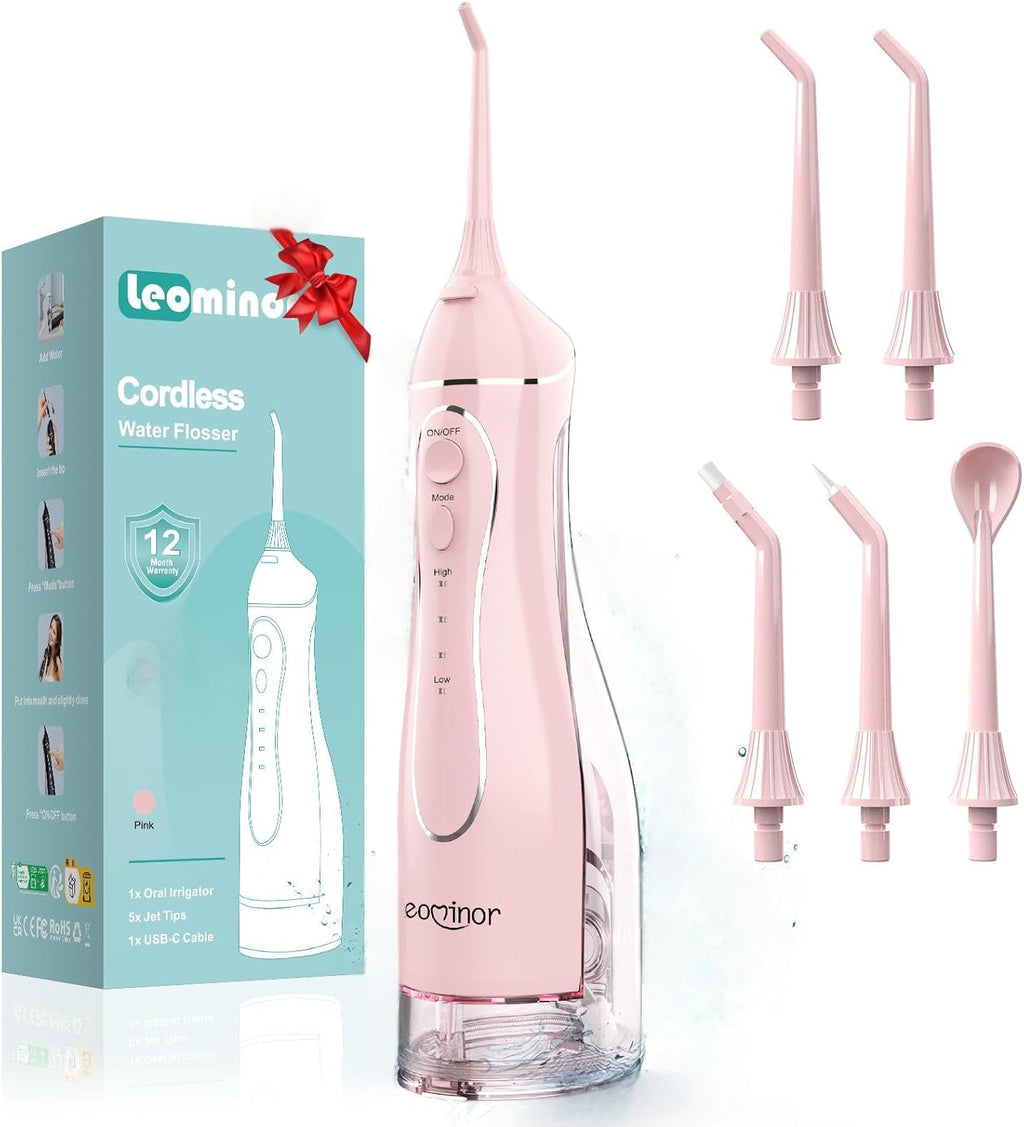 Irrigador Oral Portátil Leominor 300ml — Recargable, IPX7, Tanque Removible, Rosa