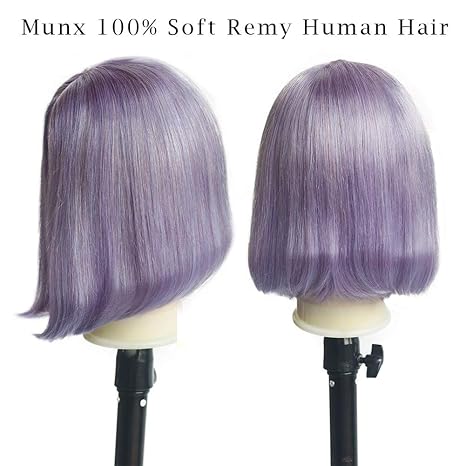 Peluca de cabello real sin encaje de color lila, 180% de densidad, parte media, pelucas cortas estilo Bob de 14 pulgadas para mujeres negras, completamente gruesa, fácil de llevar y llevar