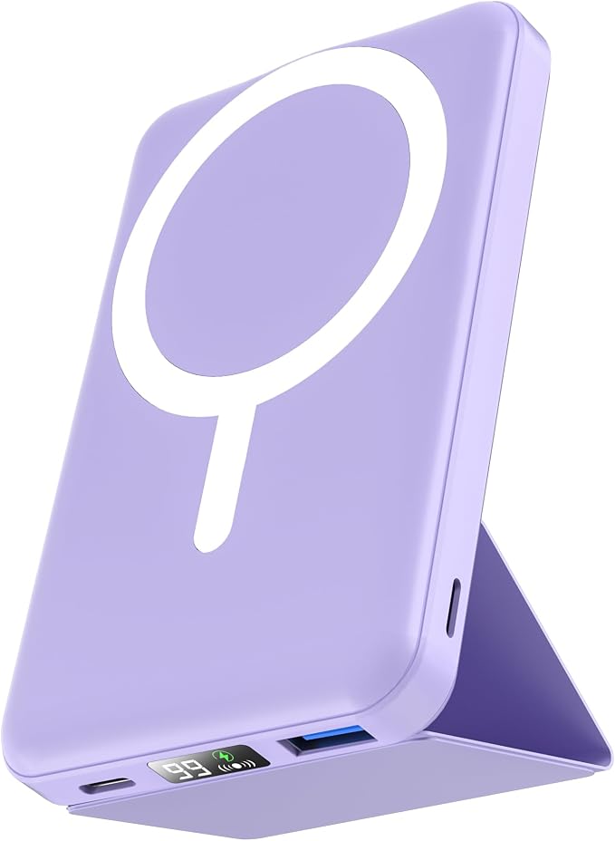 Podoru para Magsafe Paquete de baterías, banco de energía magnético plegable de 10000 mAh con cable USB-C pantalla LED de 22.5 W PD de carga rápida cargador portátil inalámbrico para iPhone 17/16/15/14/13/12 Series, color morado claro