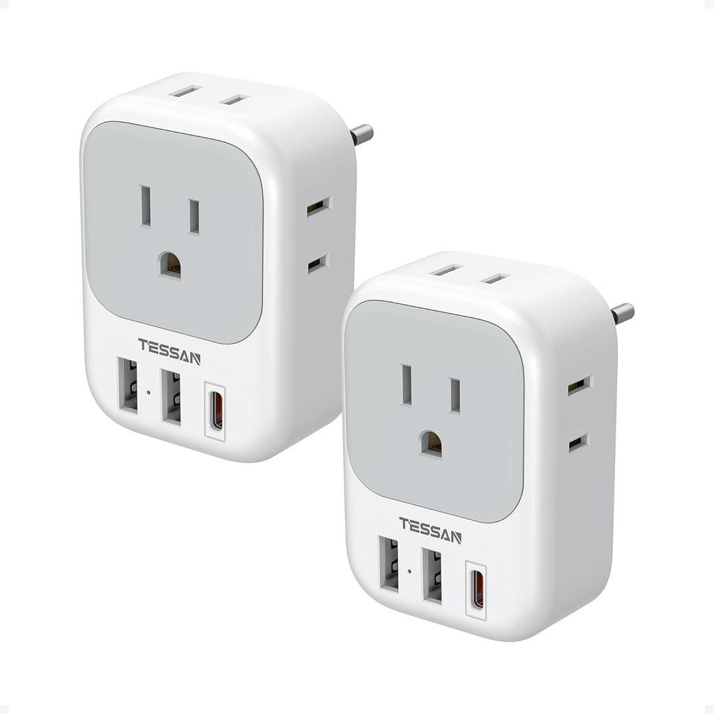 Adaptador de Enchufe Europeo TESSAN – 1 Pieza – 4 Tomas, 3 USB y USB-C PD 20W para Viajes a Europa
