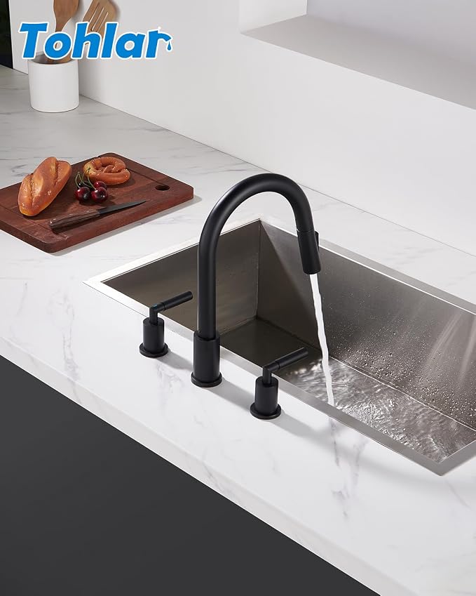 Tohlar Grifo de cocina de 3 agujeros negro, 2 manijas para fregadero de cocina, grifo de cocina negro con rociador extraíble, grifos de fregadero de cocina, grifo de acero inoxidable negro mate para fregadero de cocina