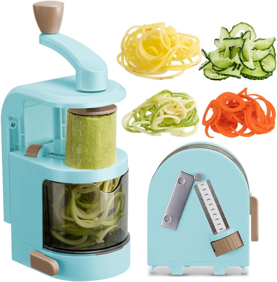 Espiralizador de verduras Badelite 4 en 1 con cuchilla giratoria, cortador de verduras, espiralizador de calabacín y máquina para hacer fideos con ventosa fuerte - Azul