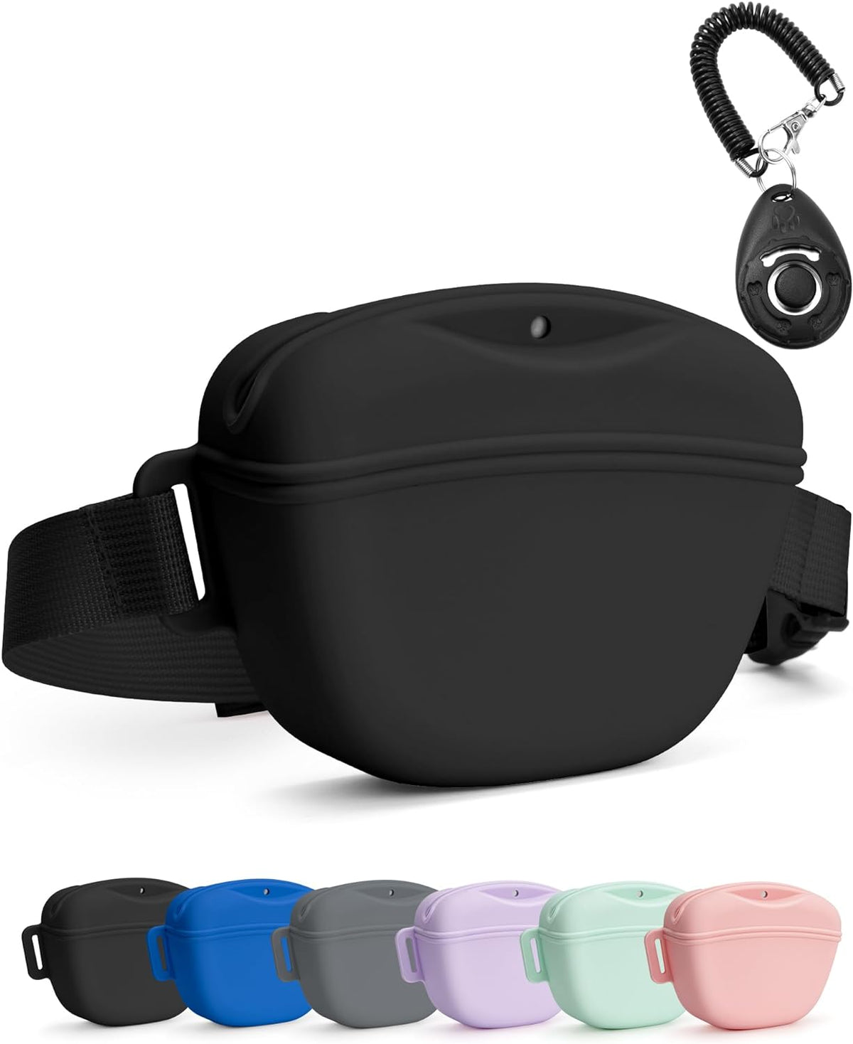 Bolsa para premios para perros Heouvo con clicker de entrenamiento, cierre magnético reforzado para evitar derrames, riñonera de silicona de 1,67 tazas con cinturón para entrenamiento y paseos de mascotas (negra).