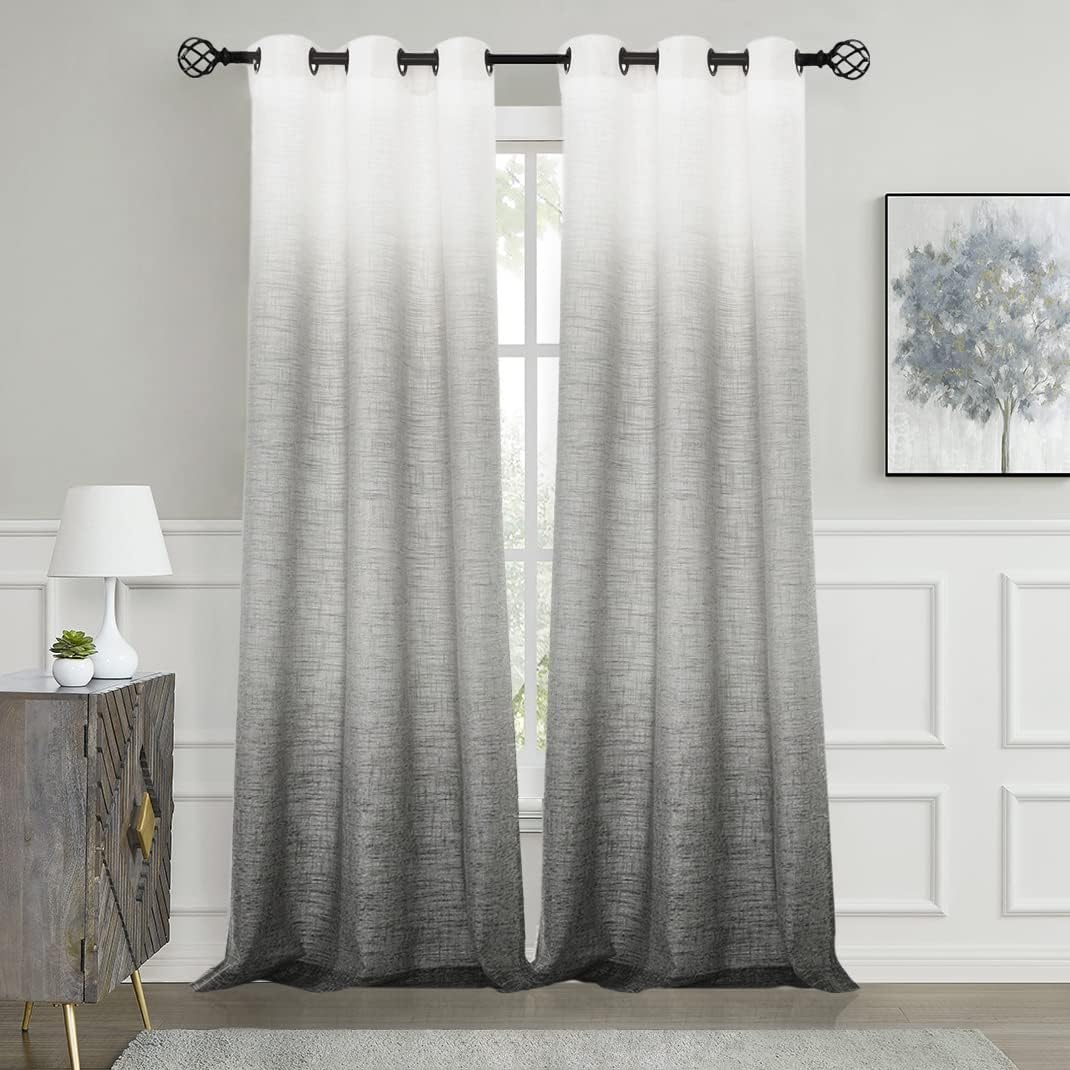 Cortinas de ventana con diseño Central Park Ombre, mezcla de rayón y textura de lino grueso, 6 ojales, degradado superior de blanco crema a gris, ideales para sala de estar o dormitorio. Juego de 2 cortinas de 40" x 108" cada una.