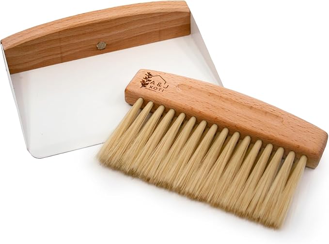 A&J Koti - Barredora de migas de mesa, pequeño juego combinado de recogedor de metal y cepillo de mano, migas de madera para servidores, restaurantes, hogar y cocina, juego de limpieza de migas