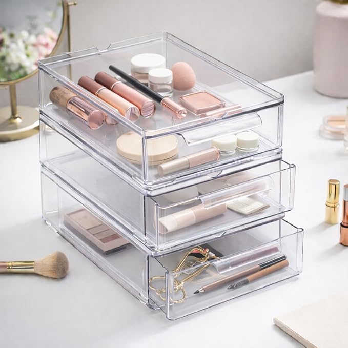 Cajones de almacenamiento apilables transparentes, pequeños, paquete de 3, cajones de almacenamiento transparentes con asas integradas, cajón organizador de plástico duradero, organizador modular apilable de acrílico