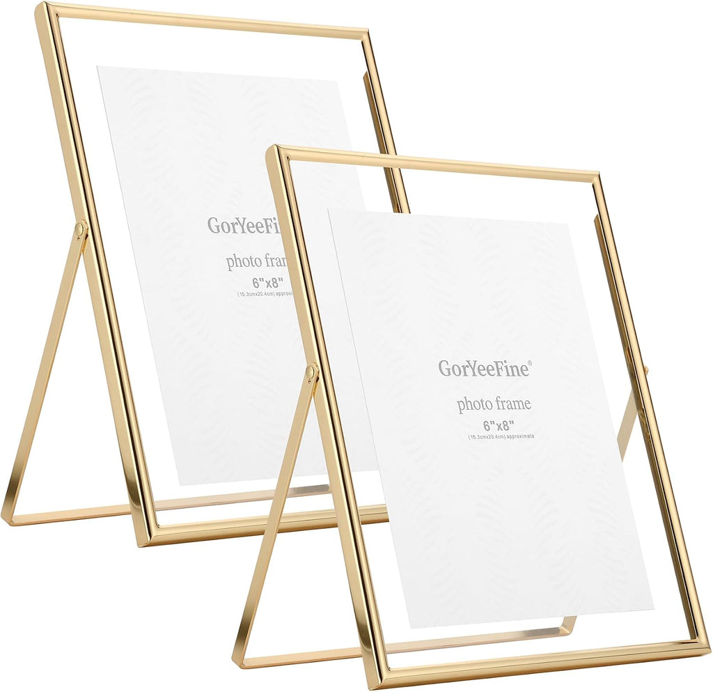 GorYeeFine Marco flotante dorado de 8x10 pulgadas, paquete de 2, para fotos de tamaños (4x6'', 5x7'', 6x8''), marco flotante ajustable para mesa/estante de 5x7'', elegante opción de regalo para bodas, Navidad, decoración del hogar o la oficina.