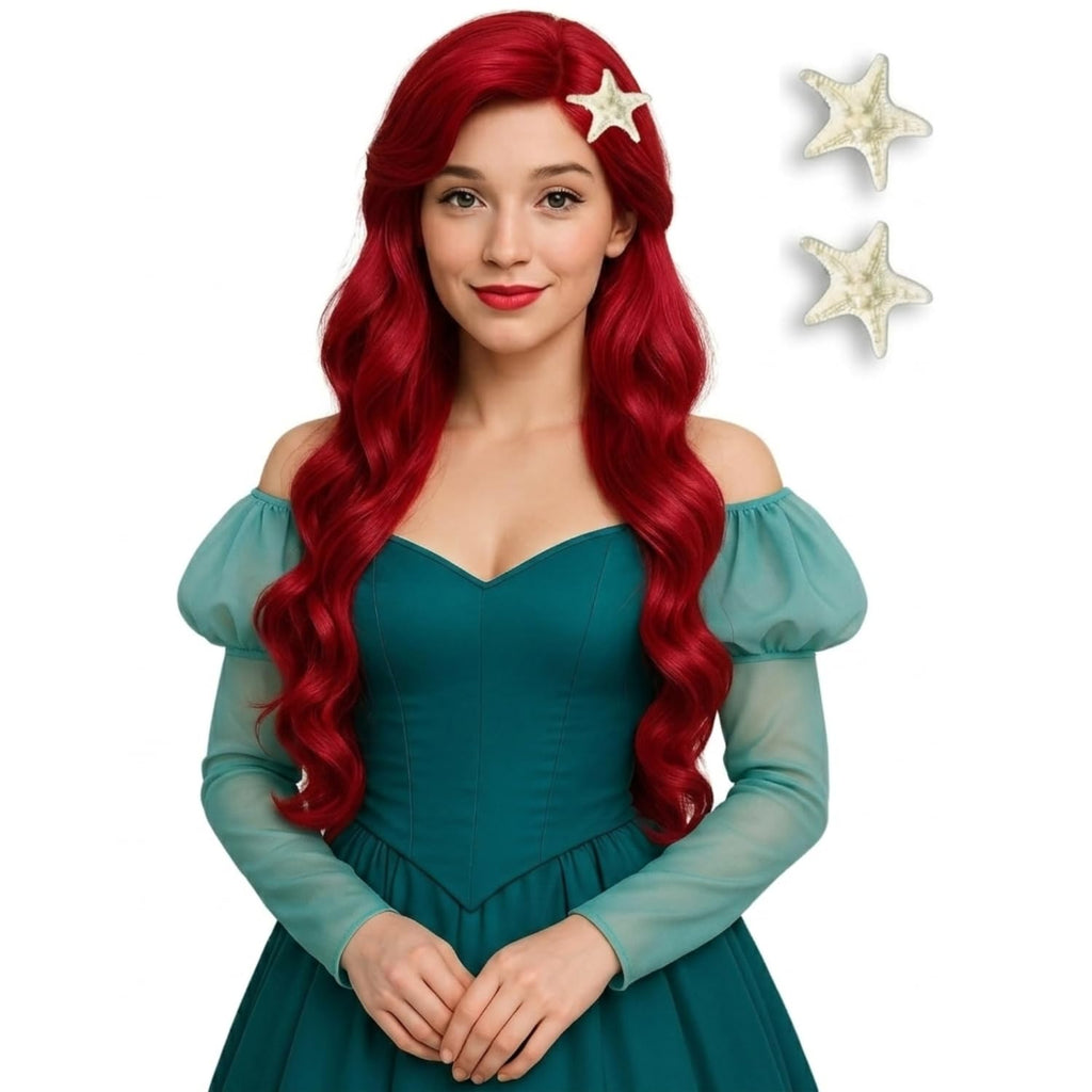 Peluca Sirena Roja para Mujeres, Peluca Roja Larga Ondas Cuerpo + Gorro para Disfraz Sirenita Halloween Cosplay