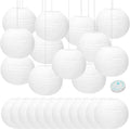 Paquete de 24 farolillos de papel blancos de 25 cm (10 pulgadas), farolillos colgantes chinos y japoneses redondos con hilo de pescar transparente, decoración de centro de mesa DIY para bodas, fiestas de cumpleaños, baby showers, interiores y exteriores.