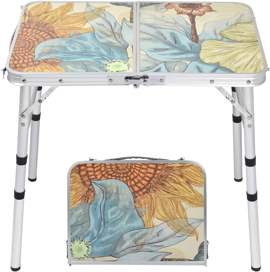 Small Folding Camping Table, 2ft Portable Picnic Table Aluminum 24" x 16", 3 Adjustable Heights Lightweight Dining Table for RV, Picnic, Beach (Sunflower)