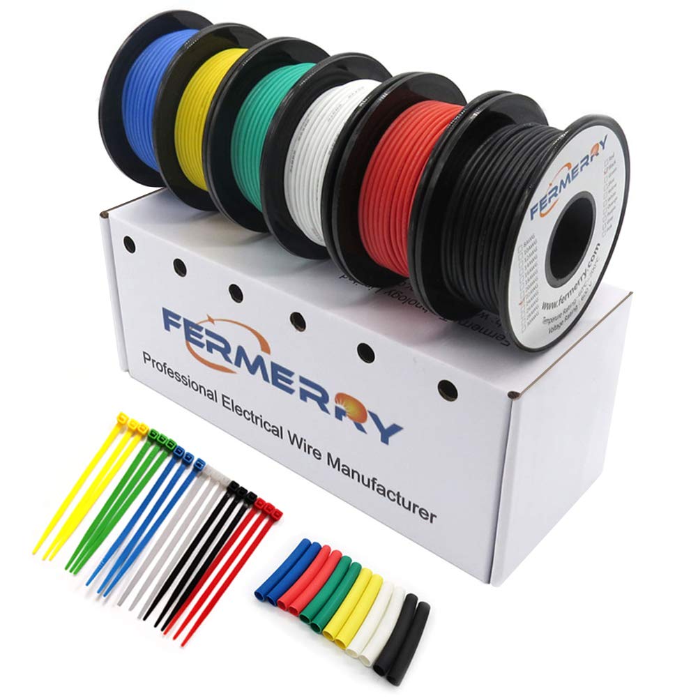 Carrete de cable trenzado Fermerry 10 AWG de 3 metros cada uno, 6 colores, flexible, calibre 10, kit de cables de conexión de silicona, cable eléctrico de cobre estañado