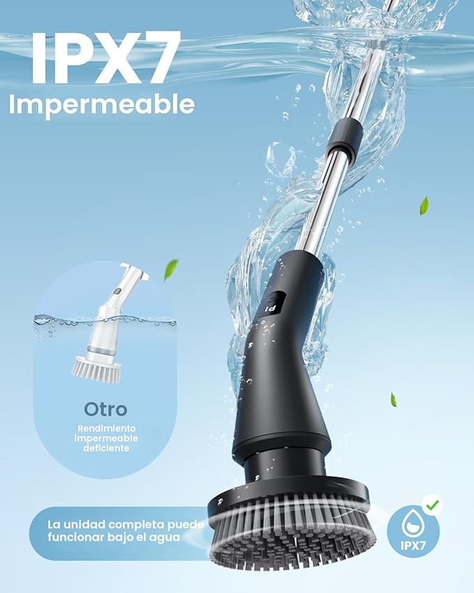 ⚠️ NOTA IMPORTANTE: LE HACE FALTA UN ACCESORIO, NO AFECTA SU FUNCIONAMIENTO | Leebein – Cepillo Eléctrico Giratorio Inalámbrico | IPX7 Resistente al Agua | 7 Cabezales | Mango Extensible | 2 Velocidades | Para Baño, Tina y Piso