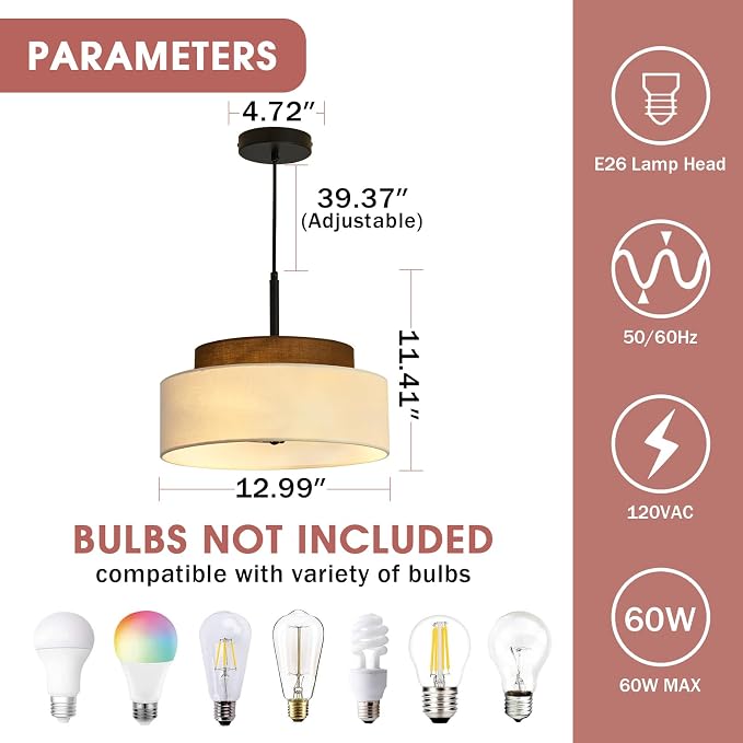Lámpara colgante de granja de 3 luces, lámpara colgante de tambor de 2 niveles con pantalla de tela