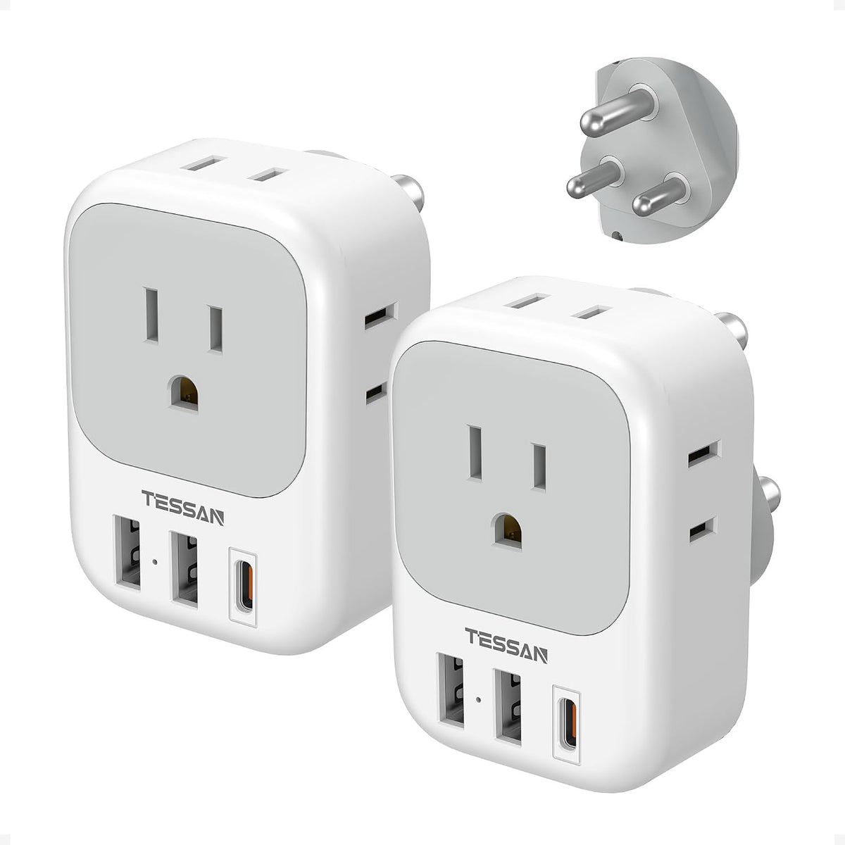 Adaptador de enchufe para Sudáfrica (paquete de 2), adaptador de corriente TESSAN tipo M con 4 tomas de CA y 3 puertos USB (1 USB C), adaptador de viaje de EE. UU. a Botsuana, Namibia, Nepal y Bután.