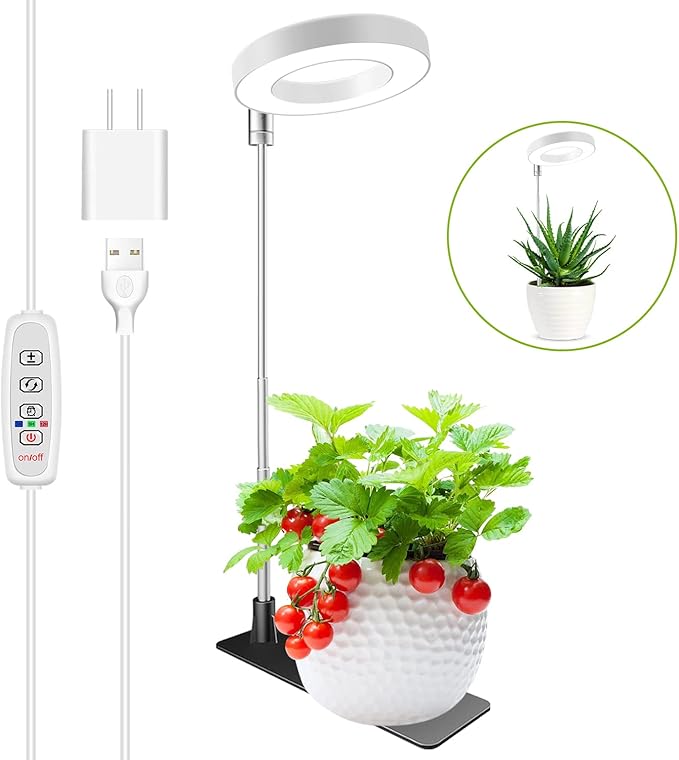 Kullsinss Luces de cultivo para plantas de interior, lámpara de cultivo de halo de espectro completo con base desmontable, altura ajustable, 3 colores, 10 atenuaciones, temporizador automático, luz