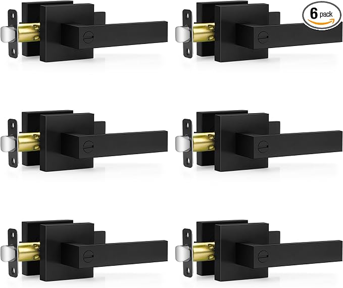 Plustool Paquete de 6 manijas de puerta negras mate para interiores, pomos de puerta interiores sin llave, cerraduras de puerta de privacidad para dormitorio, baño, cerraduras de palanca