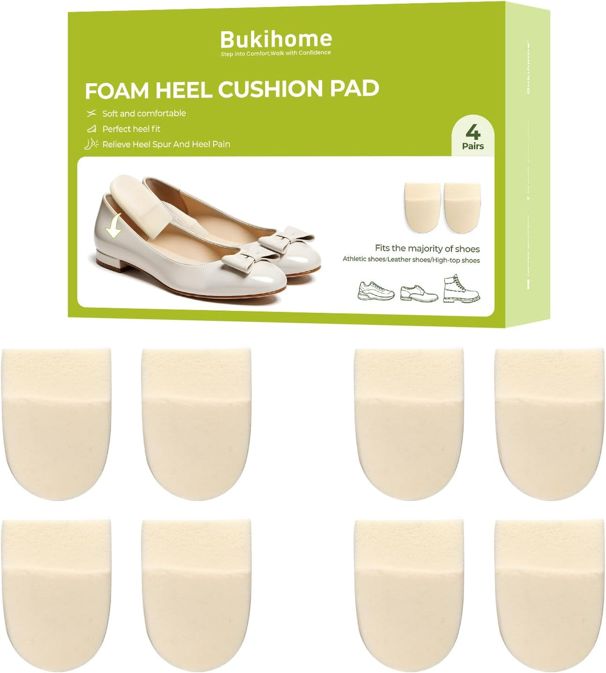 Almohadillas para el talón Bukihome - 4 pares de almohadillas de espuma viscoelástica para elevar el talón en casos de tendinitis de Aquiles, inserciones de cuña para el talón en casos de fascitis plantar, dolor de talón, espolón óseo