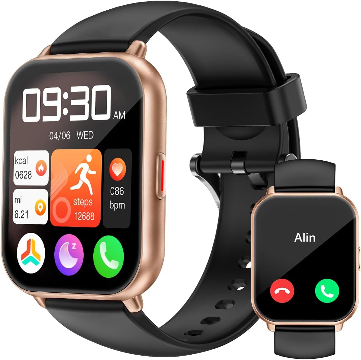 Smartwatch RUIMEN para Hombre y Mujer | Hacer/Contestar Llamadas, 2 Correas | Pantalla 1.8 Pulgadas para iOS/Android | Monitor Cardíaco e Impermeable | Negro/Cobre