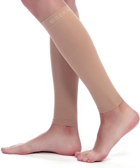 BSERA Mangas de compresión para pantorrillas para mujer, 2 pares de 20-30mmHg, calcetines de compresión sin pies para hinchazón, espinillas y venas varicosas