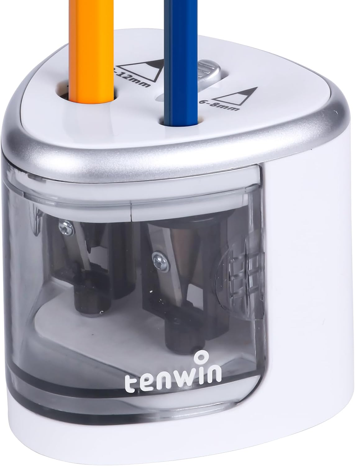 Sacapuntas eléctrico tenwin para lápices de colores, sacapuntas a pilas para lápices n.° 2 y de 6-12 mm, doble orificio para oficina, escuela, artistas, adultos y niños. Plateado.